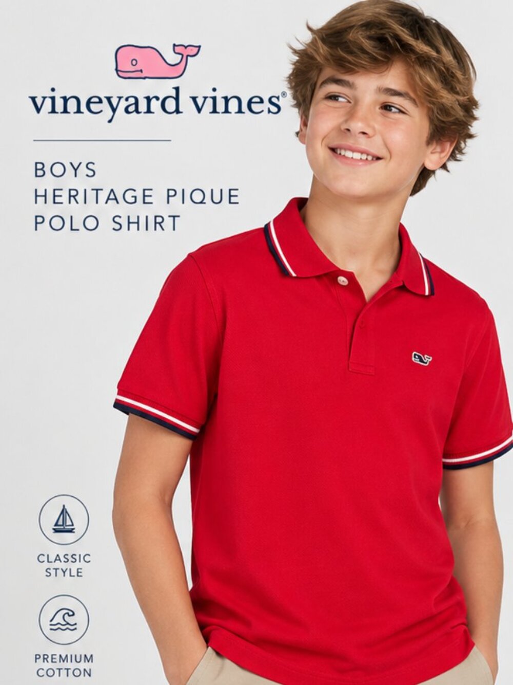 Vineyard Vines Boys Heritage Pique Polo Shirt - Red with Striped Trim